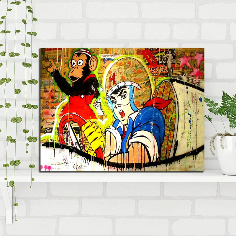 

Monopolyingly Boy Racing Car with Orangutan POP Print Street Art Oil Canvas Painting Wall Art Picture for Bedroom Home Decor