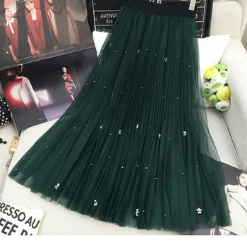 

Women Spring Beading Long Tulle Skirt Ladies Soft Mesh Pleated Skirt Ball Gown Petticoat Jupe Saia faldas Party Skirts