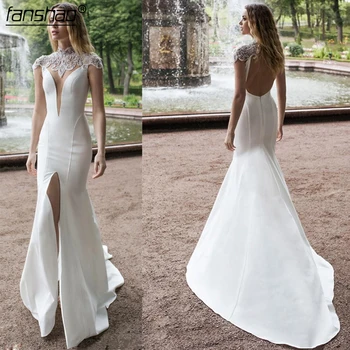

New Mermaid Wedding Dresses 2019 High Neck Front Split Lace Beads Satin Bridal Gowns Sweep Train Wedding Dress Plus size