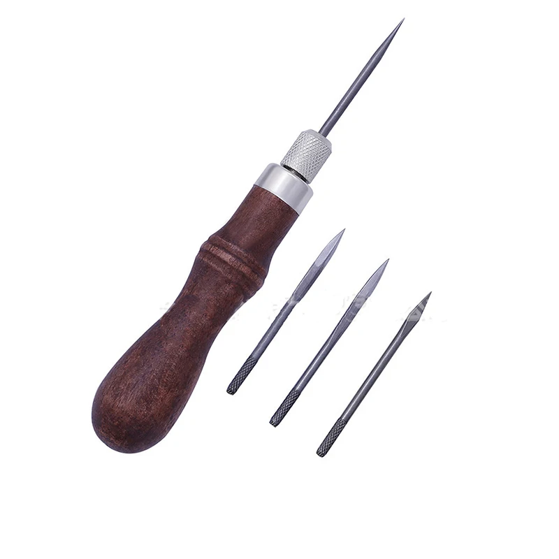 

4 in 1 DIY Wood Handle Leather Stitching Awl for Leather Sewing Scratch Awl Tools Canvas Leathercraft Sewing Needle Kit