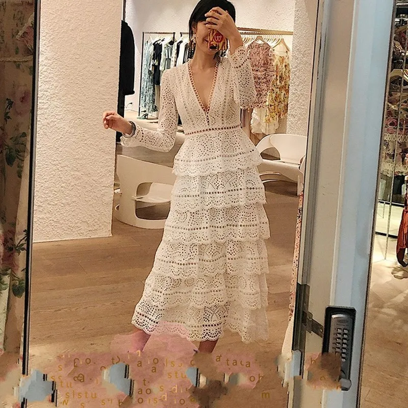 

2019 spring New arrive High quality luxury runway white Lace Dress women Long sleeve Sexy V-neck party dress vestidos