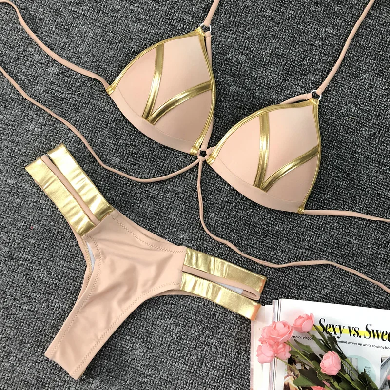 2018 Sexy String Thong Bikini Set Pink Women Push Up Swimwear Biquini Halter Top 2 Pcs Swimsuit Padded Bra Female Bathing Suit