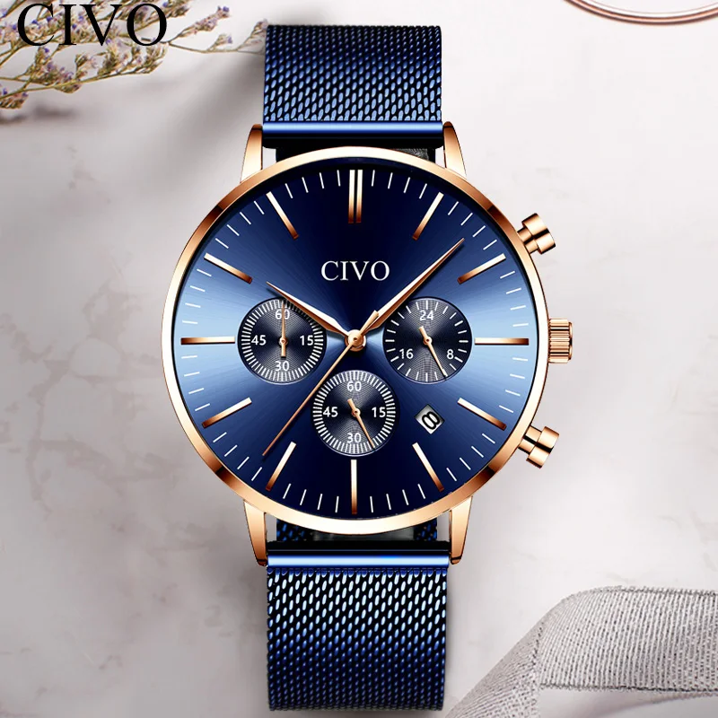 

CIVO New Sport Watches For Men Waterproof Quartz Watch Blue Fashion Chronograph Calendar Male Wristwatch Clock Relogio Masculino