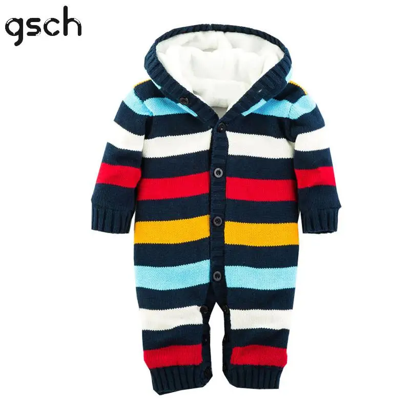 

GSCH Baby Boy Clothes Winter Knitted Hooded Striped Warm Girls Baby Romper Christmas Outfit Ifant Coverall Ensemble de vetements