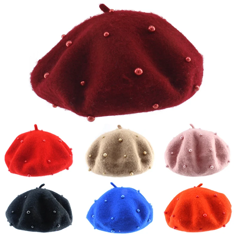 Модная детская шапка с жемчугом, шерсть, яркие цвета, берет для маленьких девочек, детская шапка для девочек 3-8 лет