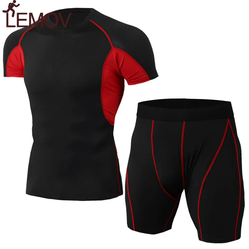 

LEMOV Short Sleeve 2 Piece Men Sports Suits Breathable Polyester Elastic Fabric Sports Wear for Men Gym Male Trainning Sets