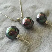 Новое поступление ракушка набор жемчужных украшений 14 мм Павлин зеленый цвет подвеска из перламутровой жемчужины ожерелье 10 мм серебряные висячие серьги