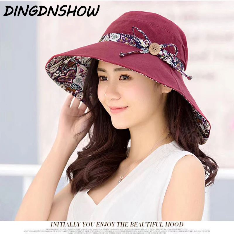 

[DINGDNSHOW] 2019 Fashion Sun Hat Wide Brim Ladies Hat Cotton Summer Cap Women Flower Beach Cap Bow Adult Straw Hat