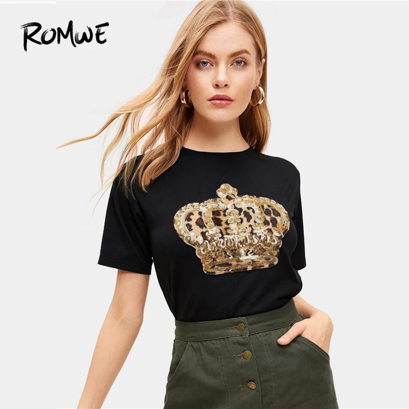 

ROMWE Contrast Sequin And Leopard Tee 2019 Black Comfrotable Women Short Sleeve T-shirt New Design Summer Round Neck Tops