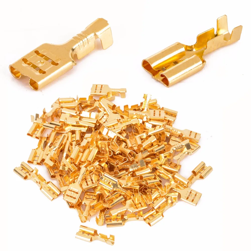 

100pcs 6.3mm Female Crimp Terminal Connector Gold Car Speaker Wire Connectors