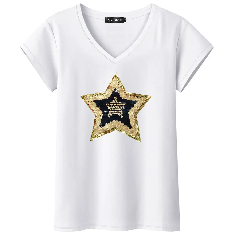 Новинка, модные женские футболки с блестками, с коротким рукавом, хлопковые футболки со звездами, в горошек, с блестками, летние стразы, Camisetas Mujer - Цвет: V-White