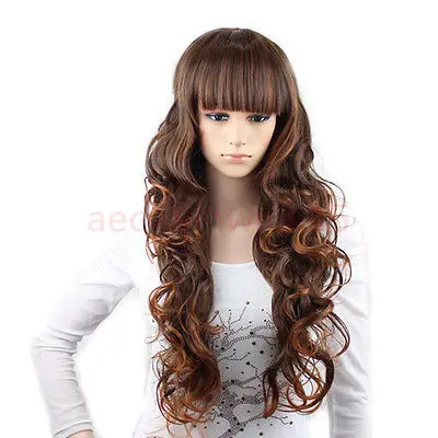 Fashion Medium Long Women Brown Full Wigs Party Bang Cospaly Curly cosplays heat resistant (B0320) |