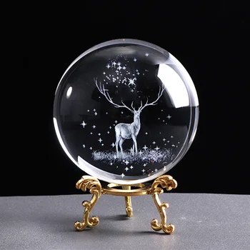 

80mm Miniature Wapiti Glass Ball 3D Laser Engraved Crystal Decoration Crystal Sphere Home Decor Ornament Birthday Gift Globe