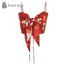 

Vintacy Sexy Crop Top Women Spaghetti Strap Bow Knot Red Floral Tank Top Female Sleeveless Backless Cross Lace Up Cropped Tank