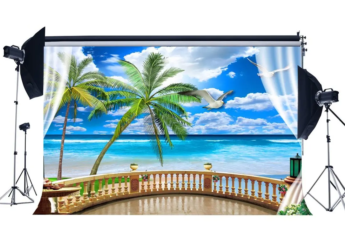 

Sea View Room Backdrop Seaside Palm Tree Balcony Fancy Curtain Blue Sky White Cloud Ocean Sailing Background