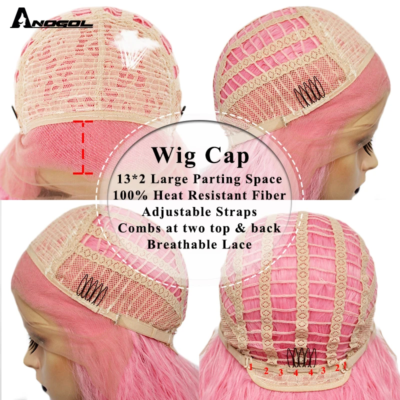 Anogol Free Part High Temperature Fiber Long Curly Red Pink Orange Yellow Blonde Mix Synthetic Lace Front Wig For Women