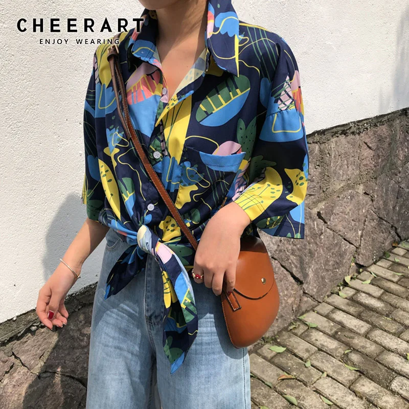Cheerart летняя блузка с коротким рукавом для женщин, цветочный принт, топ на пуговицах, свободные рубашки, Повседневная Корейская блузка