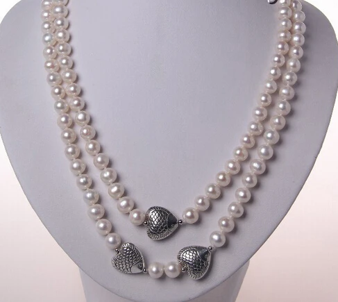 

N2731 stunning 2rows 8-9mm round white freshwater cultured pearl necklace % Discount AAA