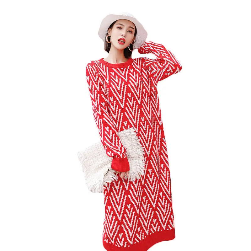 

Long Sweater Female 2018 Autumn Winter New Sweater Dress Loose Large Size Over The Knee Plaid Pullover Bottom Knit Dress LQ431
