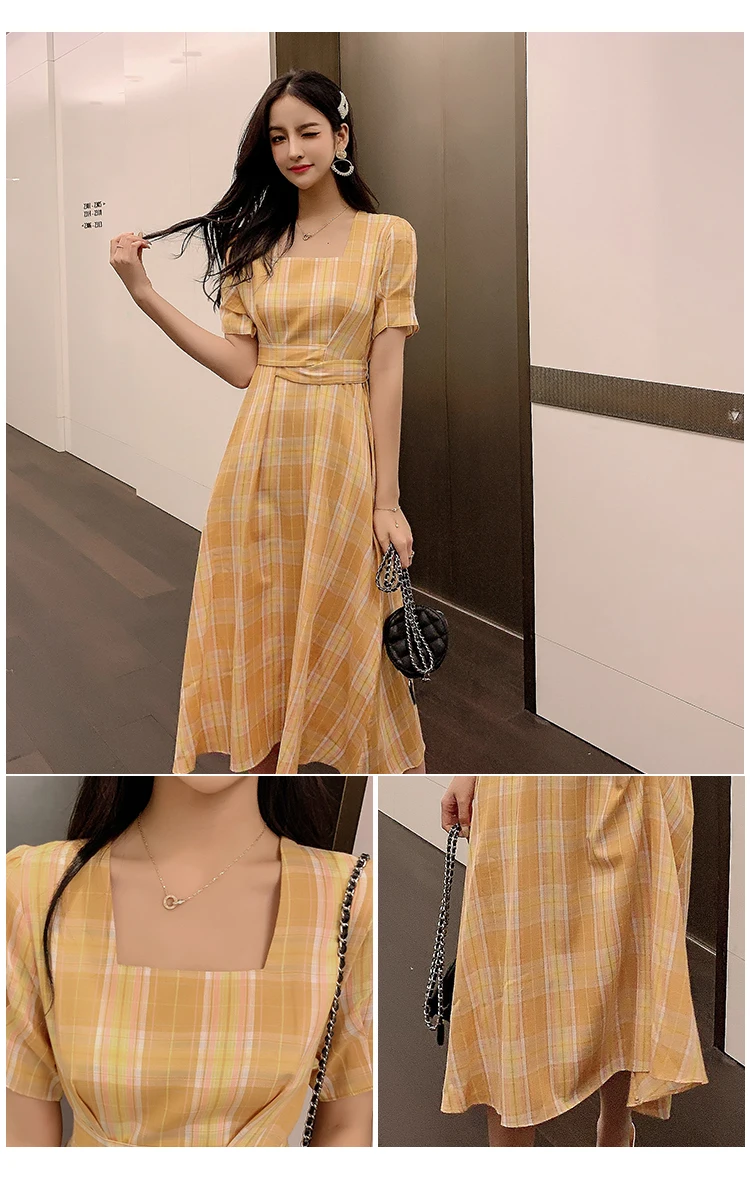 New French retro square collar plaid short sleeved ribbon dress summer waist woman A word big dress dress belt various methods