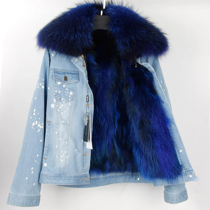 

Parka Real Fur 2017 Women Winter Jacket Large Raccoon Fur Collar Jacket Denim Real Raccoon Fur Lining Outwear Brand Style Parkas