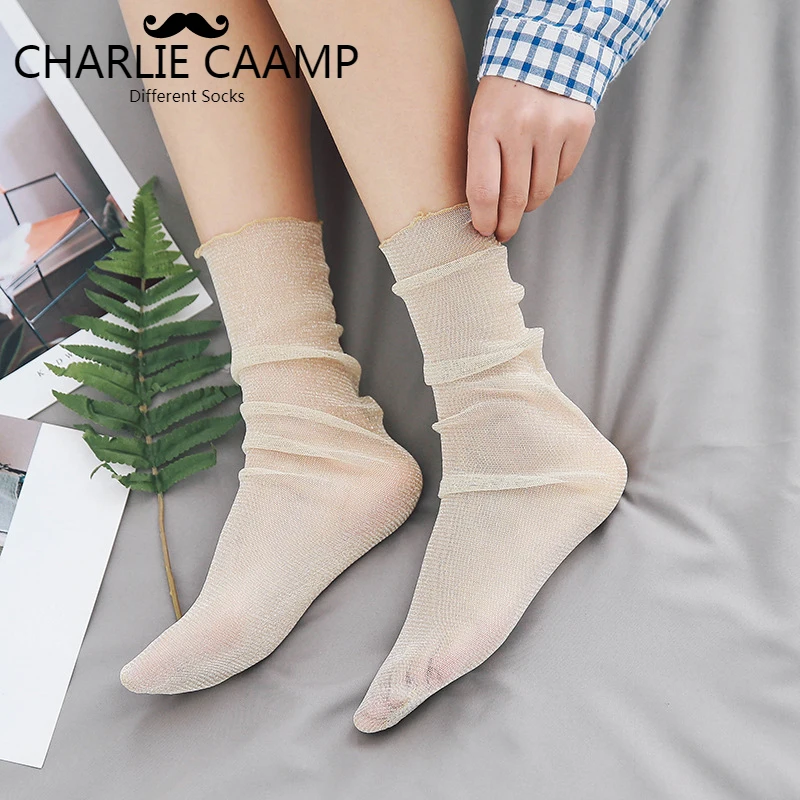 

CHARLIE CAAMP Spring Summer New Women Nylon Mesh Breathable Wild Series Ladies Bright Silk Transparent Trend Loose Socks E120