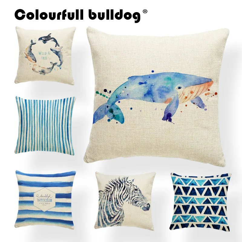 Whale Cushions Watercolor Ocean Zebra Geometry Diamond Heart Pillow Cushion For Sofa With Cover 43X43 Linen Blend Relax | Дом и сад