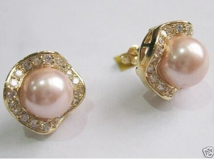 

hj 00455 PRETTY 10MM PINK ROUND SOUTH SEA SHELL PEARL CRYSTAL 14K GP WEDDING EARRINGS