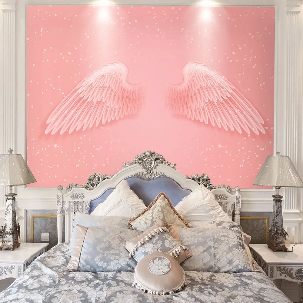 Custom wallpaper mural modern ins pink wings snowflake net red background wall - high-grade waterproof material Custom wallpaper mural modern ins pink wings snowflake net red background wall - high-grade waterproof material