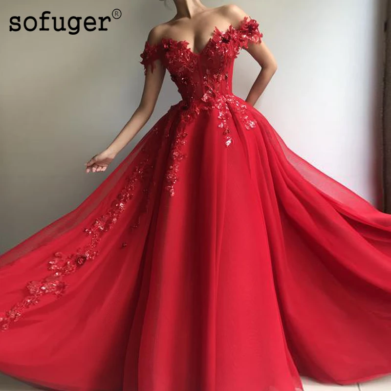 

Red Glamorou Sweetheart Applique Flower Off the Shoulder A Line Tulle Evening Dress Prom Vestidos De Fiesta Formal Party Dress