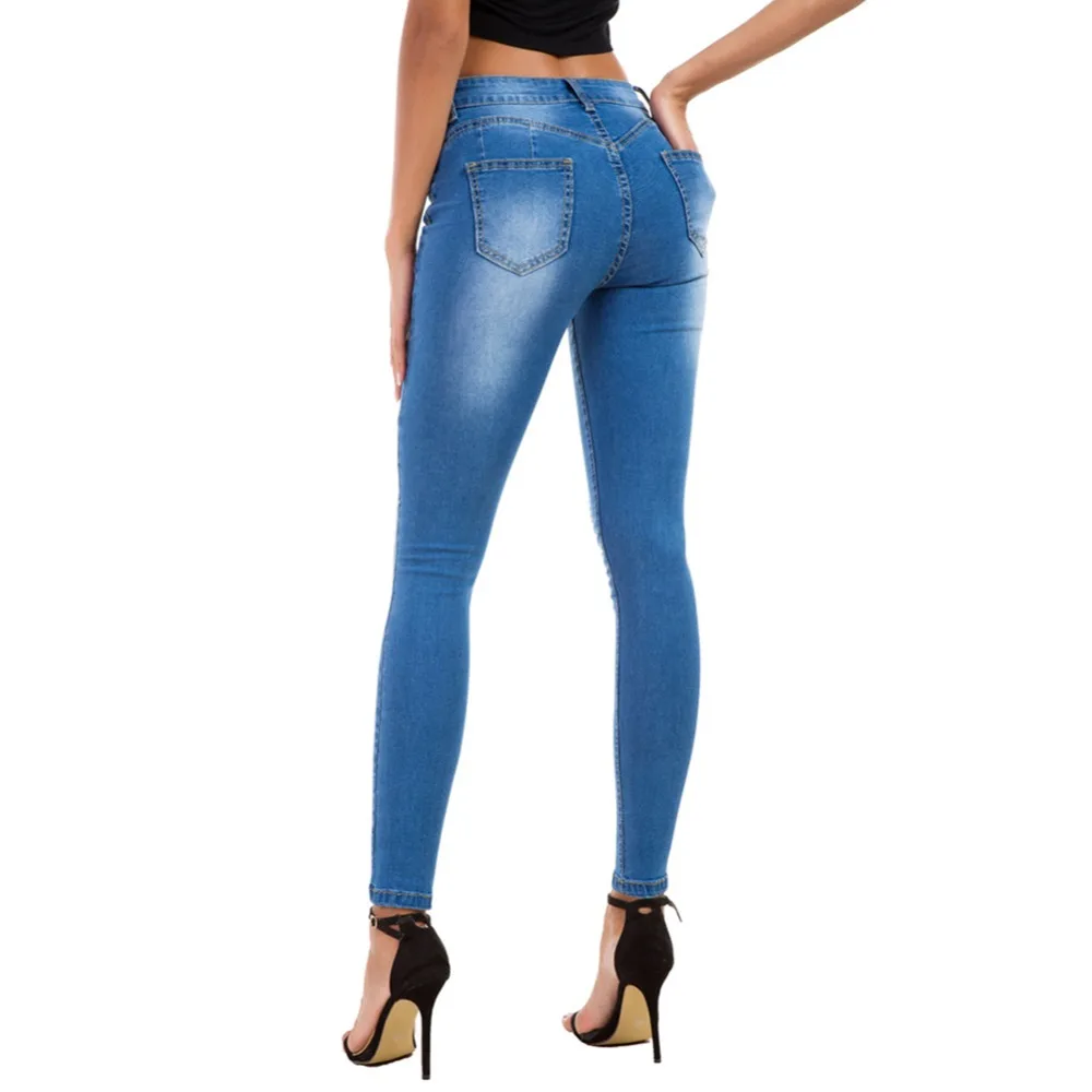 Seluxu Women Jeans Pencil Pants Women Denim Pants Autumn Pants Women Pants Plus Size Pocket Elastic Holes Denim Jeans