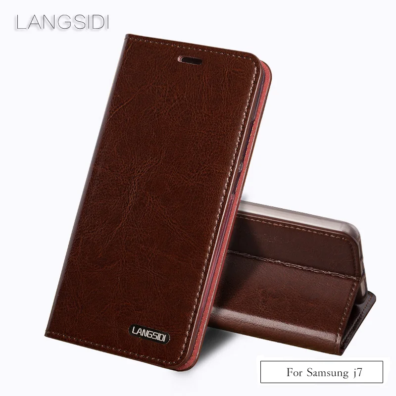 

LANGSIDI Flip three card oil wax skin flip phone holster For Samsung Galaxy j7 phone case all handmade custom