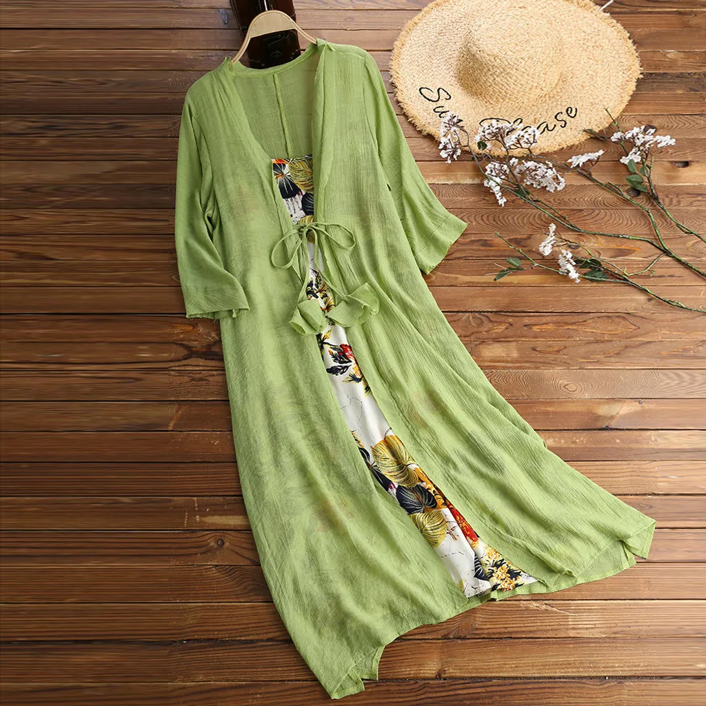 

Women Vintage Boho O-Neck Floral Print Lace Two-piece 3/4 Sleeve Dress Women Dress Casual Cotton Linen Dress Printing O-Neck