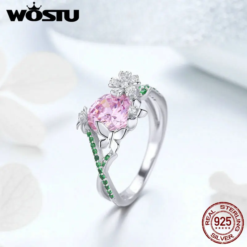 

WOSTU New Arrival 925 Sterling Silver Flower Butterfly, Dazzling Pink CZ Finger Rings For Women Romantic Jewelry Gift FNR010