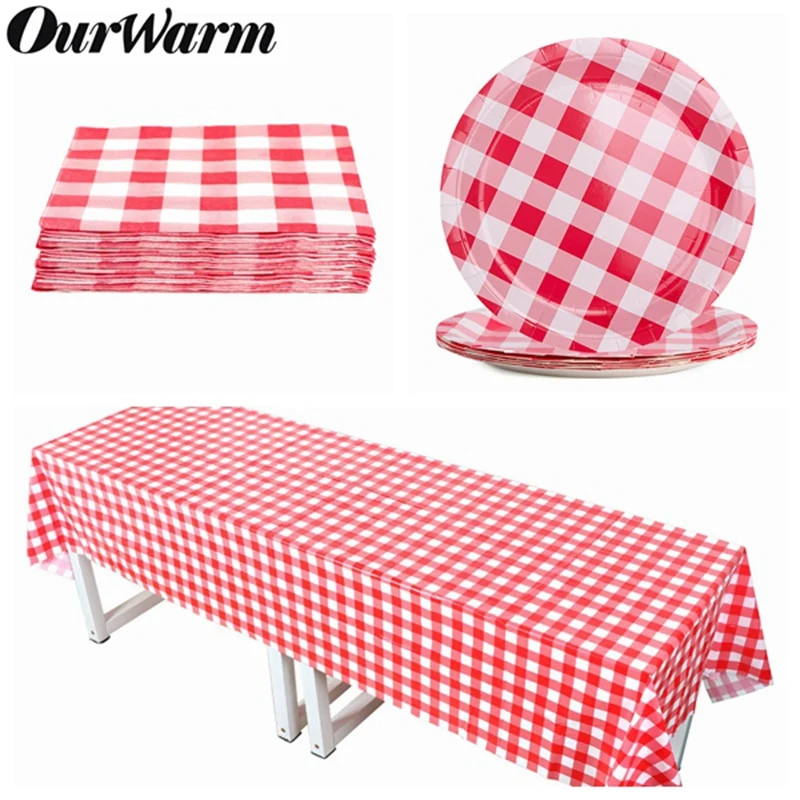 

OurWarm Disposable Tableware Red and White Checkered Perfect for Italian Dinner Party Square Tablecloth Strawberry Birthday