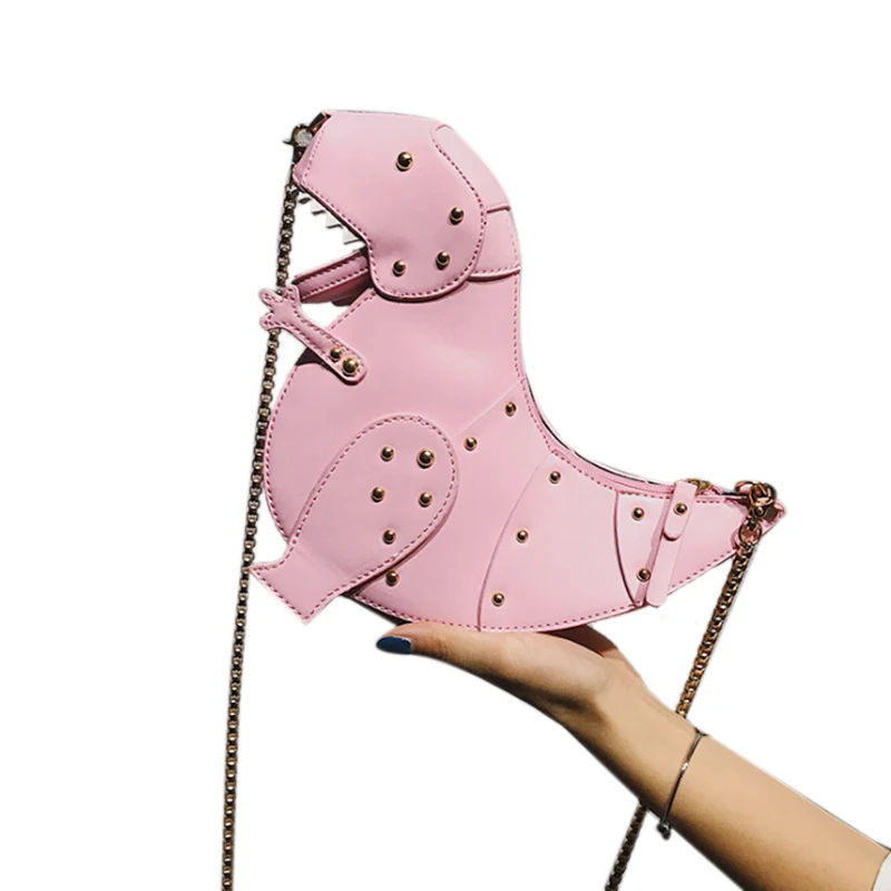 

Women Messenger Bags Dinosaur Shape PU Leather Rivet Chain Crossbody Shoulder Bag Girl Mini Clutch Purse(Pink)