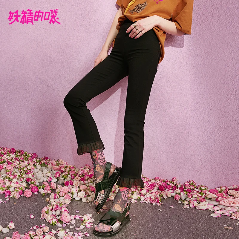 

ELF SACK Women Black Ankle-Length Pants , Fashion Lace Leg Opening Farle Trousers