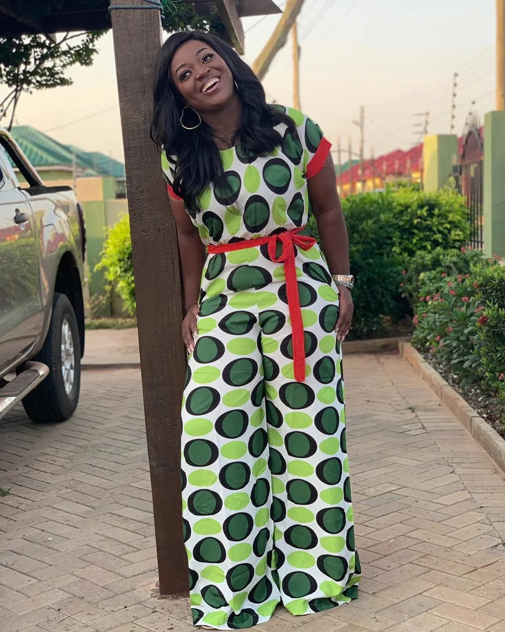 

African Dresses Fashion jumpsuits, plus-size, polka-dot waistband, short-sleeve jumpsuits