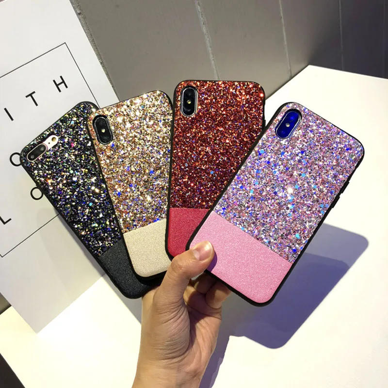 

Shinning Glitter Leather Phone Case for iPhone X XR XS MAX 6 6s 7 8plus Colorful Bling Stitching Gitter Phone Case Back Cover