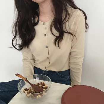 

Upper Garment Woman Solid Color Round Neck Long Sleeve Sweater Cardigan