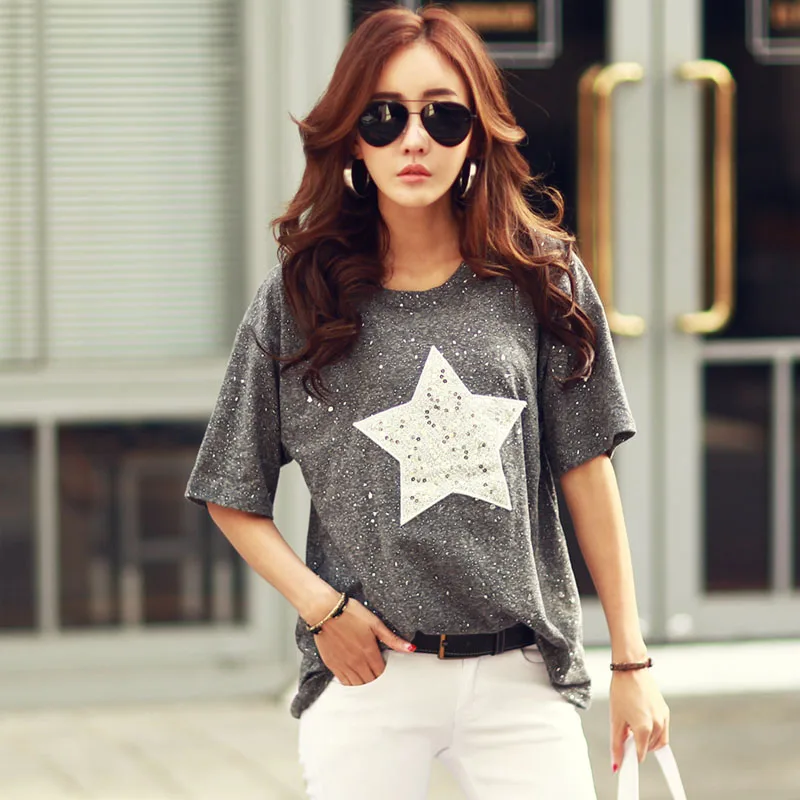 Fashion T Shirt Women Tops Short Sleeve Cotton Tees Shiny Star Patterns with Sequined 2018 Summer Rhinestone Camisetas Mujer 4xl Fashion T Shirt Women Tops Short Sleeve Cotton Tees Shiny Star Patterns with Sequined 2018 Summer Rhinestone Camisetas Mujer 4xl