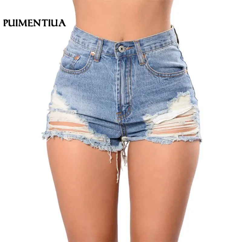 

Puimentiua 2018 Summer Denim Short Jeans Women High Waist Hole Ripped Shorts Fashion Casual Slim Plus Size Denim Shorts Female