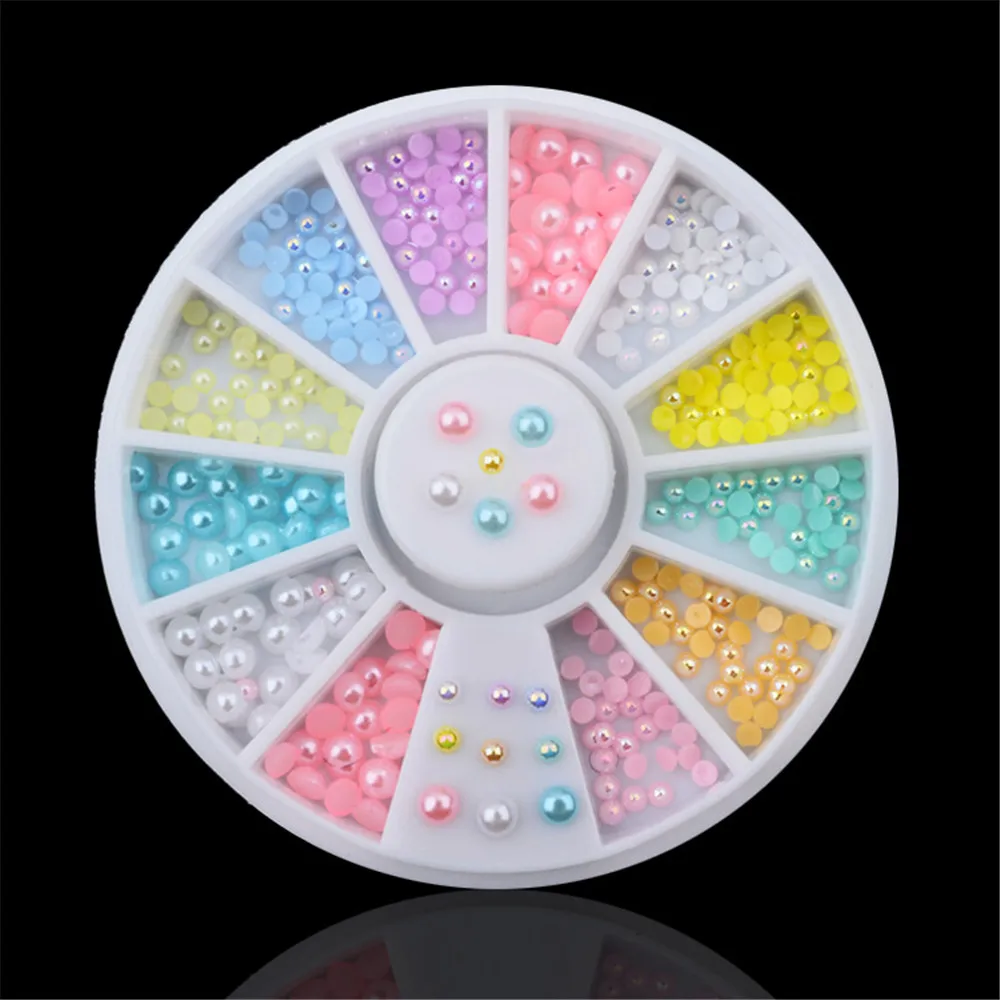 

3D Flat Back Semi Pearl Rhinestones for Nail Art Decoration Nail Accessoires Colorful Wheel Mixed Size Nail Design Manicure Tool