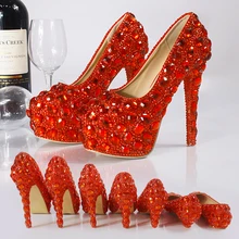 Red crystal shoes high-heeled shoes 2017 New Wedding Princess party shoes with thick waterproof think heel diamond shoes female