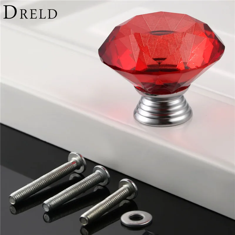 DRELD 1Pcs 40mm Red Diamond Crystal Glass Door Pull Drawer Kitchen