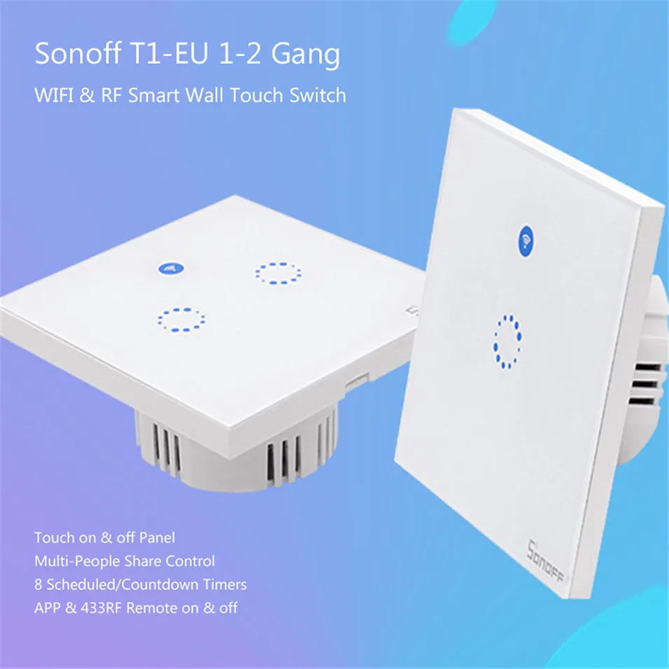 1--Sonoff T1 EU Smart WiFi RF433 Remote Wall Touch Switch 1 Gang 2 Gang, Crystal Glass Switch Panel,Smart Home Work with Alexa-