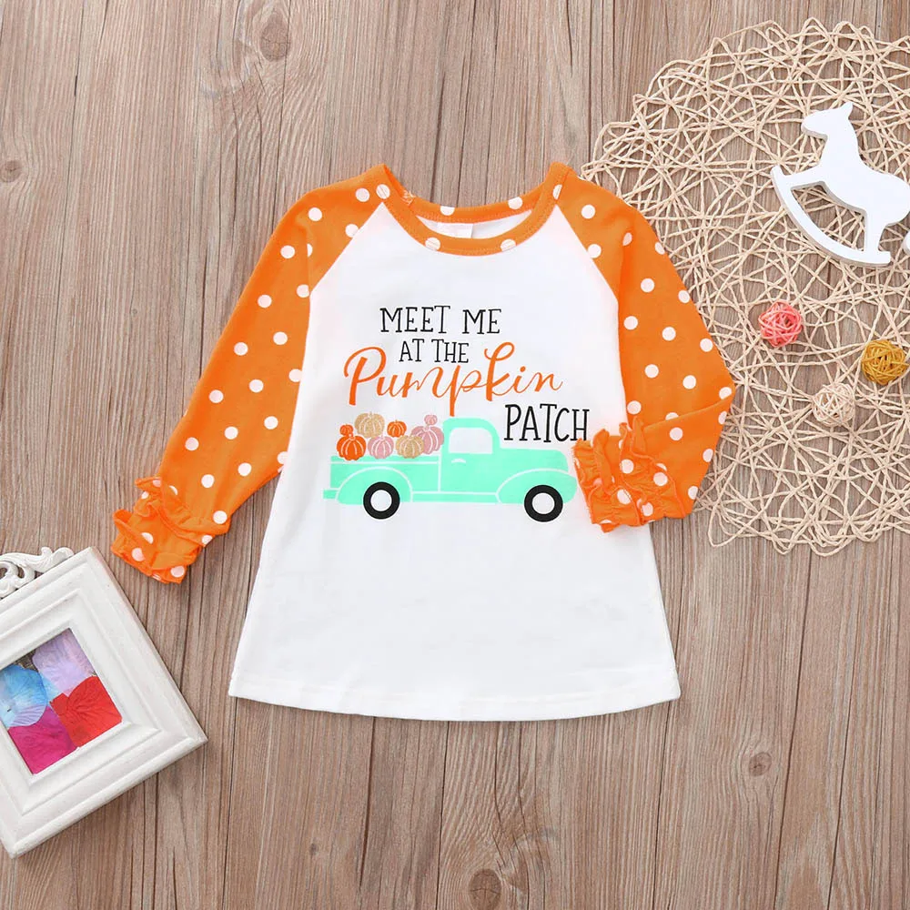 

Toddler Baby Kids Girl Ruffle Letter Pumpkin Tops T-Shirt Halloween Clothes girls pumpkin in the car Halloween party raglans