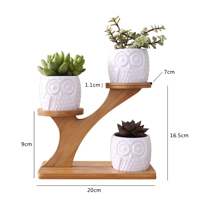 1 Set Ceramic Owl Garden Pots Modern Decorative Nursery Succulent Plant Pot 3 Bonsai Planters with 3-Tier Bamboo Shelf Hot Sale