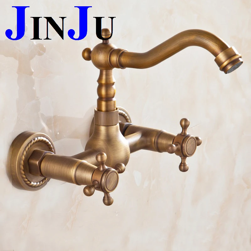 Buy Antique Brass Kitchen Mixer Tap Faucet Wall Mounted Dual Handles Hot and