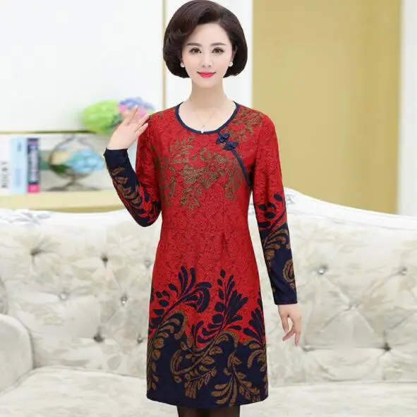 Женское платье с длинным рукавом cheongsam весенне осеннее круглым вырезом и принтом